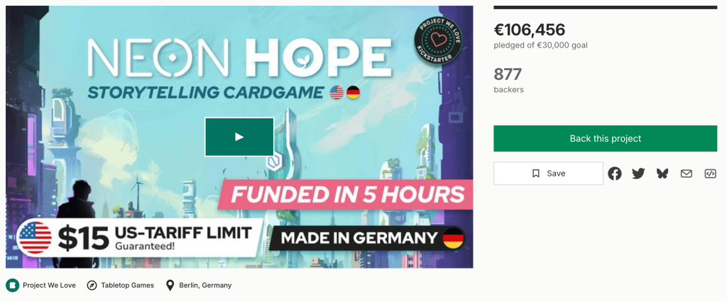 Board game crowdfunding kickstarter image of Neon Hope Campaign