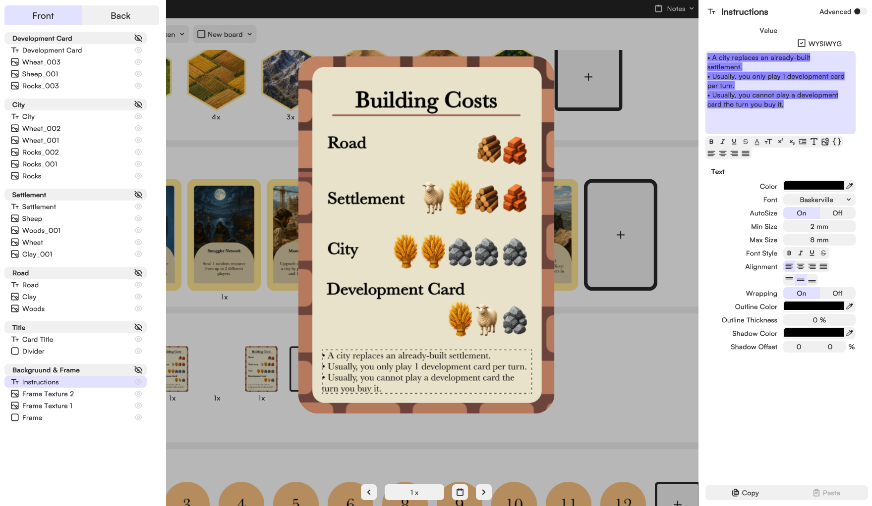Building Costs card customized with Tabletop Creator