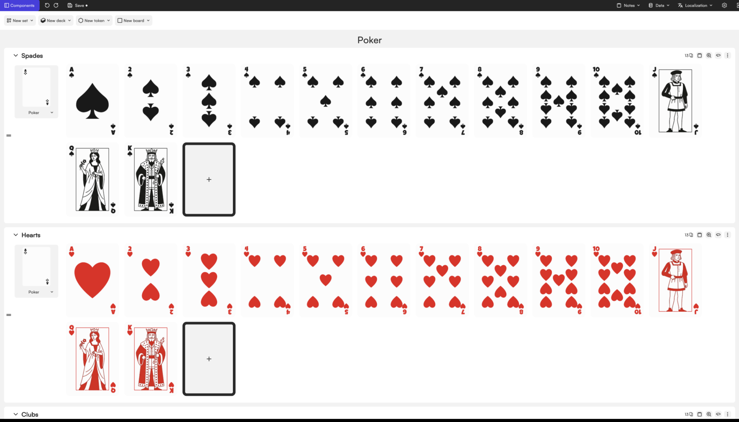 poker deck structure with four suits and face cards in Tabletop Creator
